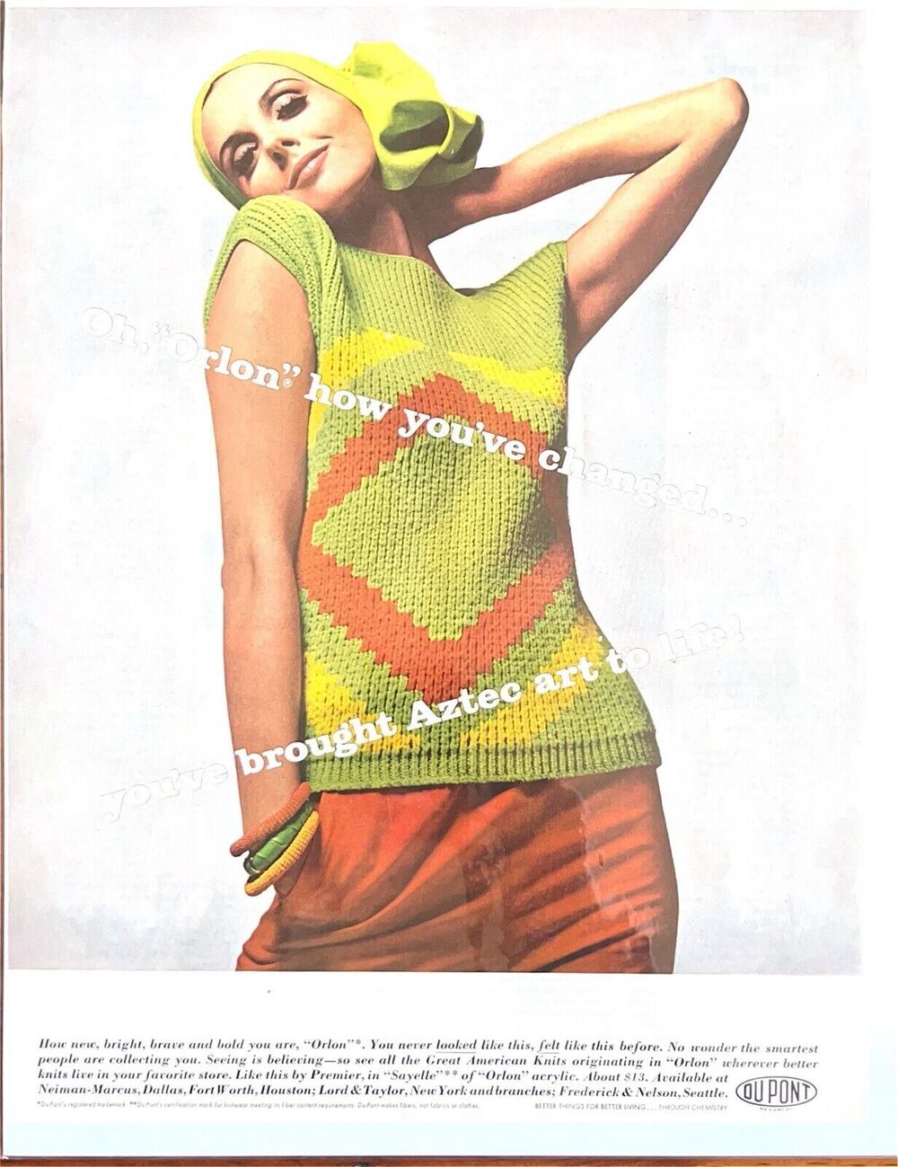 Vintage 1960s Mod Fashion Print Ad Aztec Orlon Yarn Sweater Dayglo Knitting